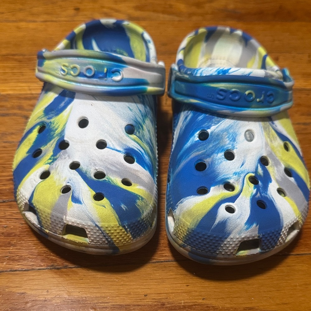 Gently worn boys Crocs Kids' Blue and Yellow Clogs
